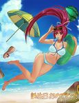  barefoot beach beach_umbrella bikini blush breasts cleavage day eyewear_on_head food front-tie_bikini front-tie_top fruit hair_intakes hair_ribbon innertube large_breasts long_hair mouth_hold nakahara_yuusuke navel ocean ponytail popsicle purple_eyes purple_hair ribbon sandals shoes_removed solo sunglasses swimsuit umbrella under_night_in-birth very_long_hair watermelon yuzuriha_(under_night_in-birth) 