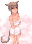  animal_ears bare_shoulders breasts brown_hair cat_ears cat_tail cleavage final_fantasy final_fantasy_xiv long_hair looking_at_viewer medium_breasts miqo'te solo tail takatsuki_kahiro thighs wet yellow_eyes 