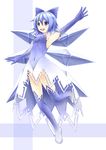  alternate_costume blue_eyes blue_hair blue_legwear bow cirno dress elbow_gloves gloves hair_bow ice ice_wings inyuppo open_mouth short_hair smile solo thighhighs touhou wings 