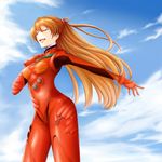  :d absurdres bangs blush bodysuit breasts closed_eyes cloud cloudy_sky cowboy_shot day duct_tape floating_hair from_side gloves hair_ornament hand_on_own_chest happy highres long_hair neon_genesis_evangelion number open_mouth orange_hair outdoors outstretched_arms pilot_suit plugsuit ponpon_(ponpon62126) sky small_breasts smile solo souryuu_asuka_langley turtleneck very_long_hair 