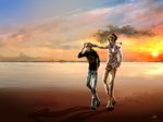  beach beard black_hair blonde_hair cigarette donquixote_rocinante facial_hair good_end highres male_focus multiple_boys nyamu_(miruco) one_piece petting short_hair smile smoking sunglasses sunset trafalgar_law what_if 