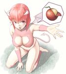  bat_wings breasts cleavage_cutout demon_girl demon_tail fang food fruit horns kneeling large_breasts looking_up monster_farm open_mouth outstretched_hand pink_hair pixie_(monster_farm) red_eyes short_hair solo tail tkln wings 
