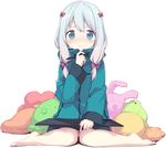  barefoot blue_eyes blush bow eromanga_sensei full_body hair_bow hair_ribbon hand_to_own_mouth holding_stylus hood hooded_jacket hoodie izumi_sagiri jacket long_hair looking_at_viewer ribbon sidelocks silver_hair simple_background sitting solo stuffed_animal stuffed_bunny stuffed_toy tearing_up tress_ribbon wariza white_background yuizaki_kazuya 