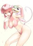  breasts cleavage covered_nipples demon_girl demon_tail fangs hand_on_own_chest horns medium_breasts mocchi_(monster_farm) monster_farm navel open_mouth pink_eyes pink_hair pixie_(monster_farm) short_hair smile tail tkln 