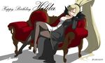  blonde_hair breasts chin_rest cleavage couch crossed_legs dated dress fur_collar happy_birthday heterochromia hilda_(under_night_in-birth) large_breasts long_hair looking_at_viewer no_shoes off-shoulder_dress off_shoulder official_art red_eyes signature sitting solo thighhighs under_night_in-birth very_long_hair yoshihara_seiichi zipper 