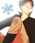  1boy akagami_no_shirayukihime black_hair black_shirt boots brown_eyes long_sleeves obi_(akagami_no_shirayukihime) obi_(ans) pants shirt sitting snowflake snowflakes 
