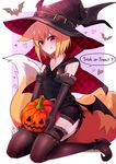  :q absurdres animal_ears bad_id bad_pixiv_id bat black_legwear boots cape fox_ears fox_girl fox_tail halloween hat heart highres ichibi_(sukemyon) jack-o'-lantern kneeling looking_at_viewer original red_eyes sukemyon tail thigh_boots thighhighs tongue tongue_out trick_or_treat witch_hat 
