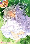  absurdres animal_ears barefoot brown_eyes cat_ears cat_tail clover clover_(flower) cookie dress flower food ginta grey_hair head_wreath highres imagining long_hair lying on_side original solo sweets tail thought_bubble wavy_hair 
