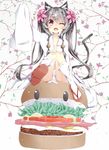  animal_ears black_hair blush cat_ears cat_tail chiyonekoko fang flower food hair_flower hair_ornament hamburger long_hair one_eye_closed open_mouth original sitting smile tail 