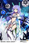  blue_hair breasts cleavage detached_sleeves empew garter_straps green_eyes headgear hyacinth_(qurare) long_hair looking_at_viewer medium_breasts navel qurare_magic_library smile solo staff very_long_hair white_legwear 
