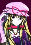  arm_up artist_name blonde_hair bow choker colored_eyelashes dated dress elbow_gloves gloves hair_bow hand_on_headphones hat hat_ribbon headphones jewelry long_hair looking_to_the_side mob_cap necklace parted_lips purple_dress purple_eyes ribbon sinzan solo touhou upper_body yakumo_yukari 