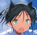  animal_ears black_hair cat_ears cloud face fang francesca_lucchini green_eyes hair_ribbon jacket long_hair lowres military military_uniform open_mouth ribbon shimada_fumikane sky solo strike_witches sweatdrop tan twintails uniform white_ribbon world_witches_series 
