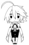  ahoge barefoot blazblue bodysuit braid cape chibi full_body greyscale lambda-11 monochrome simple_background solo yuya_(oshidori) 