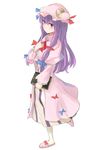  ascot book crescent hair_ribbon hat highres hinami047 holding holding_book long_hair looking_at_viewer mob_cap patchouli_knowledge purple_eyes purple_hair ribbon slippers solo touhou walking white_background 