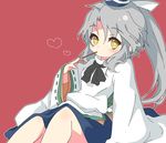  dress food grey_hair hat heart japanese_clothes kamome kariginu mononobe_no_futo pocky ponytail red_background short_hair silver_hair simple_background skirt smile solo tate_eboshi touhou wide_sleeves yellow_eyes 