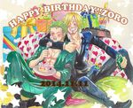  2014 2boys birthday blonde_hair blush bottle drunk eating green_hair multiple_boys one_piece roronoa_zoro sanji sitting trg_g 