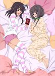  :d absurdres barefoot black_hair brown_eyes brown_hair card feet fluffy_legwear friends girl_sandwich girls_mate glasses green_eyes highres kominato_ruuko lying multiple_girls non-web_source official_art on_side open_mouth pajamas sakai_kyuuta sandwiched selector_wixoss smile spoilers striped striped_legwear thighhighs toeless_legwear uemura_hitoe wixoss yuzuki_(wixoss) 