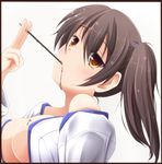  between_fingers blush border breasts brown_eyes brown_hair chocolate evandragon food highres kaga_(kantai_collection) kantai_collection large_breasts off_shoulder open_clothes open_shirt pocky pocky_day shirt short_hair side_ponytail solo upper_body white_background 