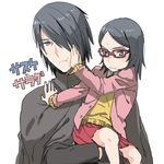  1girl :t black_hair carrying character_name father_and_daughter glasses naruto naruto_(series) pushing_away pushing_face red-framed_eyewear shiho short_hair sweatdrop uchiha_sarada uchiha_sasuke wavy_mouth white_background 