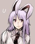  animal_ears bunny_ears collared_shirt hanemikakko lavender_background leaning long_sleeves looking_to_the_side neck necktie purple_hair red_eyes reisen_udongein_inaba shirt simple_background sketch smile solo touhou upper_body 