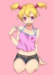  barefoot belt blonde_hair blouse casual chiroru_(7450n) collarbone doughnut food food_in_mouth fresh_precure! full_body kneeling momozono_love mouth_hold pink_background pink_eyes pink_tank_top precure seiza short_hair short_twintails shorts sitting solo strap_slip twintails 