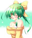  alternate_costume alternate_hairstyle bare_shoulders blush breasts cleavage food frog_hair_ornament green_hair hair_ornament kochiya_sanae large_breasts long_hair looking_at_viewer mouth_hold one_eye_closed osashin_(osada) pocky pocky_day ponytail snake_hair_ornament solo sweater touhou yellow_eyes 