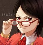  black_hair character_name glasses holding holding_eyewear jacket light_smile looking_at_viewer looking_over_eyewear naruto naruto_(series) red-framed_eyewear red_eyes sharingan short_hair solo sweater uchiha_sarada yvonne_(a715042007) 