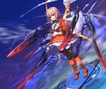  :d dutch_angle empew flying looking_at_viewer machinery open_mouth original pink_hair red_eyes short_hair smile solo sword thighhighs weapon wings 