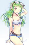  ;d belt borrowed_character breasts cleavage cowboy_shot front-tie_top goggles goggles_on_head gradient gradient_background green_hair hand_on_own_head highres long_hair meawsy midriff navel one_eye_closed open_mouth original pointy_ears rynn_(acerailgun) short_shorts shorts signature small_breasts smile solo yellow_eyes 