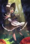  @_@ boots braid dqn_(dqnww) grass hat highres kirisame_marisa light long_hair mushroom open_mouth outdoors outstretched_arms shirt side_braid single_braid skirt solo spotlight spread_arms standing touhou witch witch_hat 