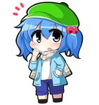  alternate_costume blue_eyes blue_hair casual chibi contemporary hair_bobbles hair_ornament hand_in_pocket hat jacket kawashiro_nitori looking_at_viewer open_clothes open_jacket open_mouth scarf shirt shorts solo touhou two_side_up twumi 