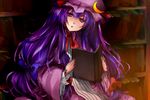  book bookshelf bow crescent hair_bow hat head_tilt holding holding_book light long_hair long_sleeves looking_at_viewer mob_cap open_book parted_lips patchouli_knowledge purple_eyes purple_hair ribbon shadow sitting sketch solo touhou wide_sleeves yukiji_(dokira) 