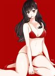  bad_id bad_pixiv_id bikini breasts brown_hair cleavage food high_heels honita_ayako large_breasts long_hair mouth_hold navel original pocky red_bikini red_eyes simple_background sitting smile solo swimsuit 