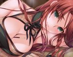  aqua_eyes armpits bare_shoulders between_breasts breasts cleavage dress food gloves hong_meiling jpeg_artifacts large_breasts lips long_hair looking_at_viewer lying md5_mismatch moneti_(daifuku) on_side pixelated pocky pocky_day red_hair solo touhou 
