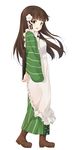  ama_usa_an_uniform apron bangs blunt_bangs boots brown_hair flower frills from_side full_body gochuumon_wa_usagi_desu_ka? green_eyes hair_flower hair_ornament japanese_clothes long_hair long_sleeves looking_at_viewer menu open_mouth polka_dot solo suke_(momijigari) ujimatsu_chiya wa_maid waitress white_background 