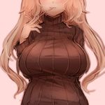  blonde_hair breasts close-up elsie-san_(oshiruko) food head_out_of_frame large_breasts long_hair original oshiruko_(tsume) pocky pocky_day ribbed_sweater simple_background smile solo sweater 