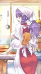  :o alternate_hairstyle apron artist_name ass bangs breasts commentary_request cooking ears frying_pan hair_up head_scarf housewife japanese_clothes kappougi kimono kitchen ladle large_breasts lipstick long_hair looking_back makeup obi oo_gata_ken open_mouth pointy_nose pot purple_hair red_eyes sash signature solo spoon standing steam stove talking touhou towel translated window yasaka_kanako 
