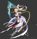 blonde_hair blue_eyes empew gyakushuu_no_fantasica holding long_hair looking_at_viewer official_art original polearm ponytail simple_background solo spear very_long_hair weapon wings 