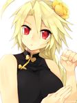  ahoge alternate_costume blazblue blonde_hair braid breasts china_dress chinese_clothes dress fighting_stance flower hair_flower hair_ornament lambda-11 long_hair medium_breasts red_eyes simple_background solo yuya_(oshidori) 