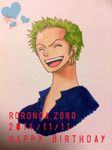  1boy 2014 birthday character_name dated earrings green_hair jewelry one_piece open_mouth roronoa_zoro smile solo 
