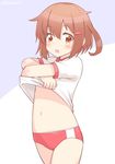  :o blush brown_eyes brown_hair buruma cowboy_shot fang flat_chest gym_uniform hair_ornament hairclip ikazuchi_(kantai_collection) kamoto_tatsuya kantai_collection looking_at_viewer navel open_mouth shirt_lift short_hair solo undressing 