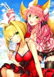  alternate_costume animal_ears bad_id bad_pixiv_id bare_shoulders blonde_hair cloud day dress ells fate/extra fate/extra_ccc fate_(series) food green_eyes hair_intakes ice_cream multiple_girls nero_claudius_(fate) nero_claudius_(fate)_(all) one_eye_closed pink_hair sky tamamo_(fate)_(all) tamamo_no_mae_(fate) thighhighs yellow_eyes 