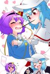  blue_shirt capelet closed_eyes dress food hairband highres holding_arm kameyan komeiji_satori lavender_hair long_sleeves looking_at_another multiple_girls pocky pocky_day purple_eyes purple_hair red_eyes remilia_scarlet shirt short_hair thinking thought_bubble touhou white_dress 