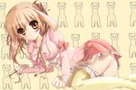  1girl animal_ears blush bow breasts brown_eyes brown_hair bunny_ears dress heart highres large_breasts lolita_fashion lying nekogoya original panties pantyshot pink_dress ribbon short_hair simple_background sleeves_past_wrists solo sweet_lolita thighhighs twintails underwear 