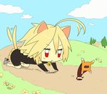  :&lt; ahoge animal_ears bell blazblue blonde_hair bodysuit braid cat_ears cat_tail chibi closed_mouth cloud cloudy_sky lambda-11 red_eyes road sky tail tartar tree v-shaped_eyebrows yuya_(oshidori) 