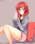  blush cup dated frilled_shorts frills highres hood hoodie looking_at_viewer loungewear love_live! love_live!_school_idol_project mug nishikino_maki pillow purple_eyes red_hair short_hair shorts simple_background sitting smile solo steam thighs yu-ta 