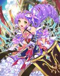  :d drill_hair empew gloves green_eyes hair_ornament holding long_hair looking_at_viewer open_mouth princess_ana purple_hair shield smile solo sword tenkuu_no_crystalia weapon white_gloves 