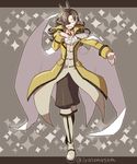  ahoge boots brown_hair cape closed_eyes coat cravat disgaea full_body grey_background knee_boots letterboxed long_hair makai_senki_disgaea_3 male_focus master_big_star outstretched_hand pants pointy_ears smile solo sparkle standing twitter_username yu_(kaburimono_ex) 