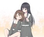  black_hair blush brown_hair closed_eyes comb dress floral_background flower flowers_(innocent_grey) green_eyes hair_brushing hair_flower hair_ornament kousaka_mayuri long_hair long_sleeves looking_at_another multiple_girls orange_background sayuka school_uniform shirahane_suou short_hair sitting smile 