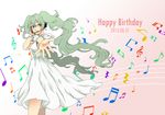  bass_clef beamed_eighth_notes beamed_sixteenth_notes cowboy_shot dated dress eighth_note eighth_rest foreshortening furyou gradient gradient_background green_eyes green_hair hand_on_headwear happy_birthday hatsune_miku headset highres long_hair looking_at_viewer microphone musical_note open_mouth outstretched_hand quarter_note quarter_rest solo standing treble_clef twintails vocaloid white_dress 